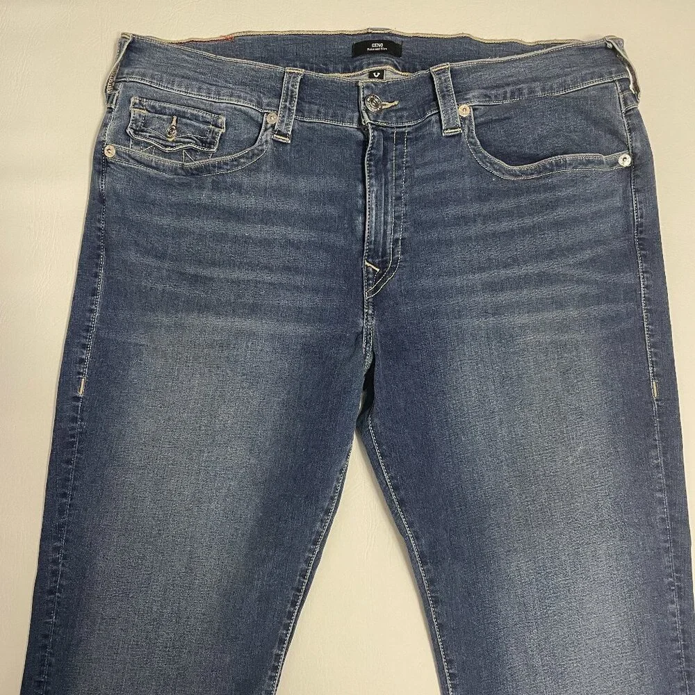 True Religion Jeans Mens 40 x 33 Blue Geno Relaxed Slim SN Flap Stretch 44223